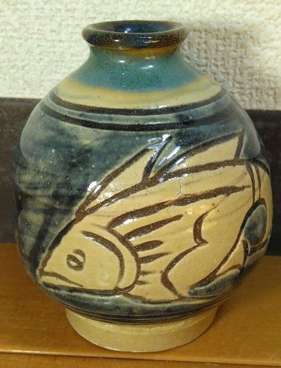 人間国宝 金城次郎 徳利 栞 共箱(本人書付) 美品 笑魚,魚紋徳 壷屋焼