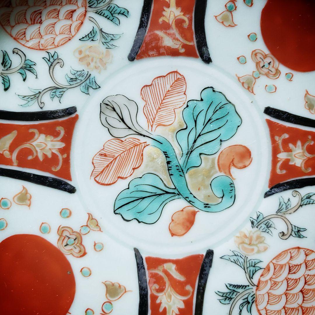 古伊万里　色絵付　中皿　赤絵　薄緑　草文様　希少図　トリアシ　ロ号　明治