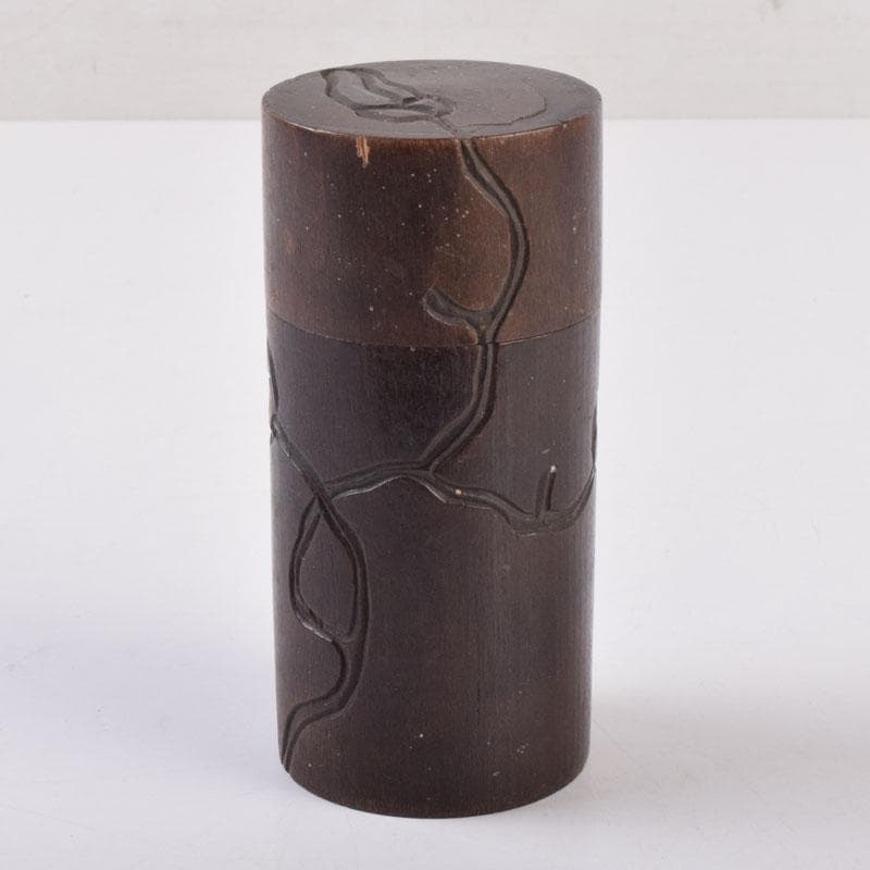 煎茶道具　木彫　椿図　茶筒　V　8508