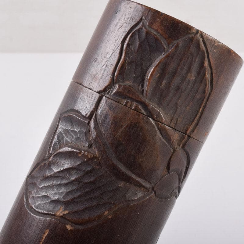 煎茶道具　木彫　椿図　茶筒　V　8508