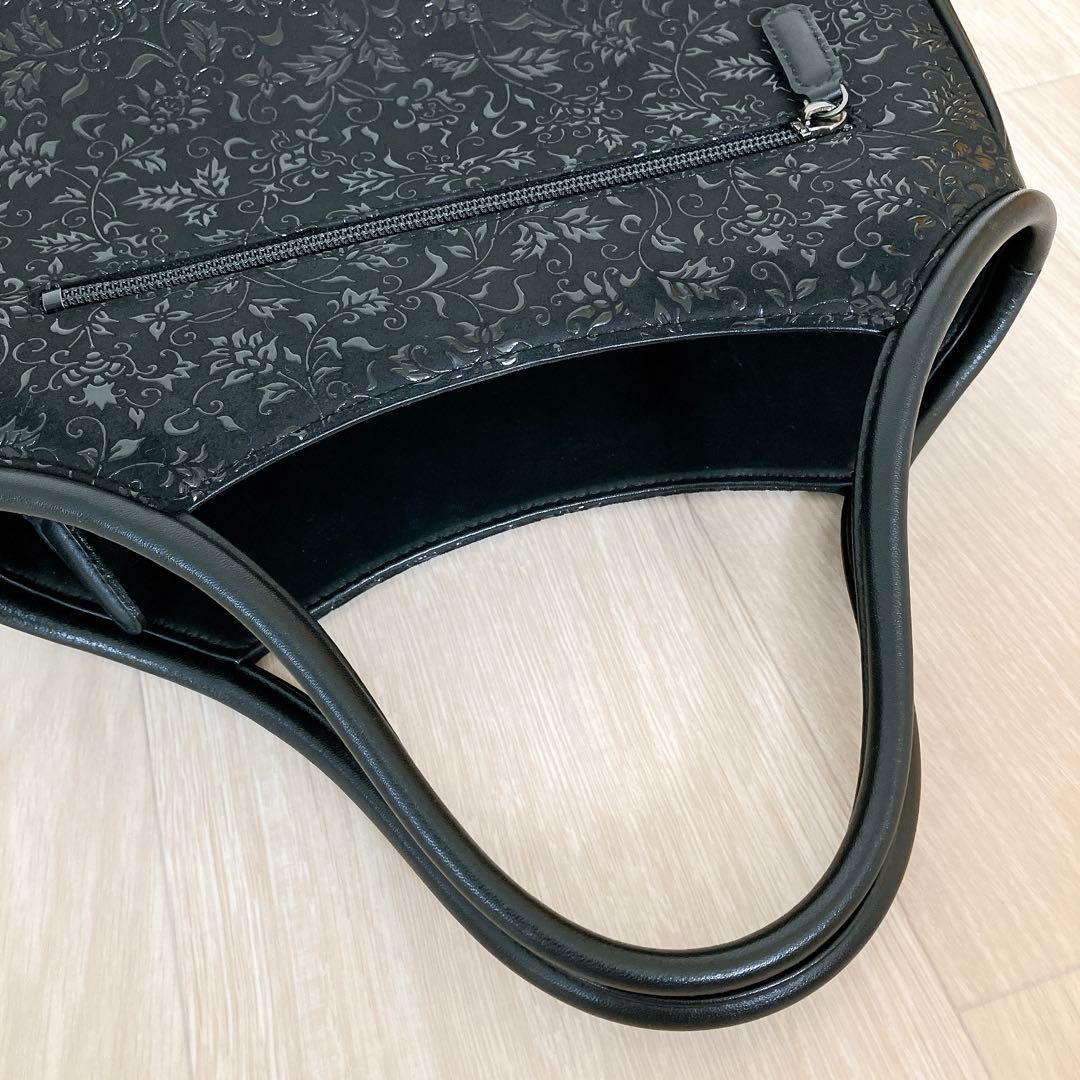 印傳屋 ハンドバッグ 黒漆 レザー 鹿革 花唐草 模様 和装 着物 甲州印伝