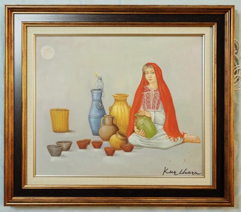 【新春売り】人物画　油絵　栗原喜依子　白い月　F8　額付き　手描き　肉筆