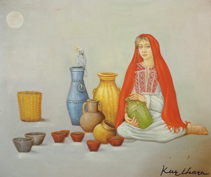 【新春売り】人物画　油絵　栗原喜依子　白い月　F8　額付き　手描き　肉筆