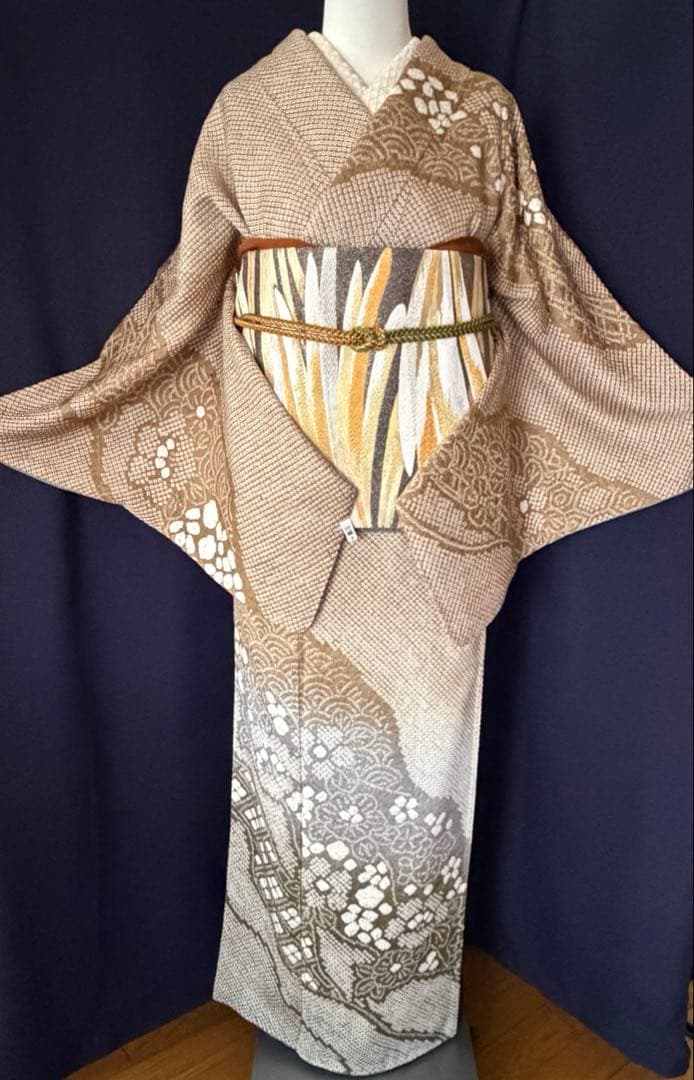 【総絞訪問着】本疋田絞り極上品　道長手絞り手染め　LLサイズ