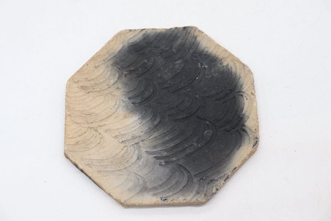 坂田甚内作　黒灰陶波紋六角皿3点　送料込み250607