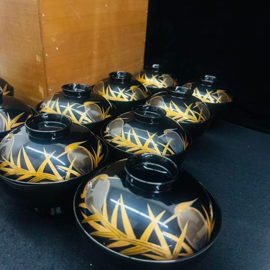 希有　美品　輪島塗　木製漆器 鷺蒔絵 吸物椀 十客12cm お正月