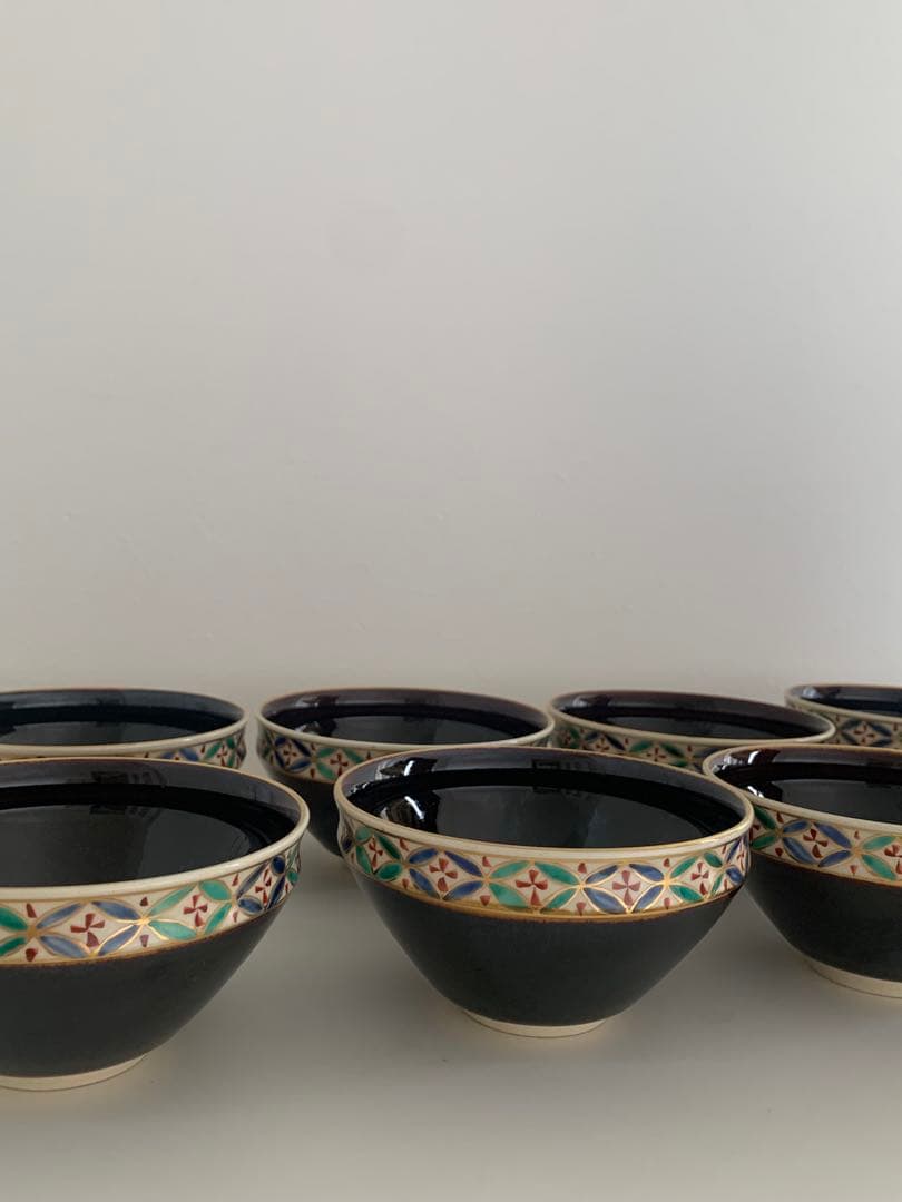 茶道具　城岳　天目釉七宝文数茶碗　10客