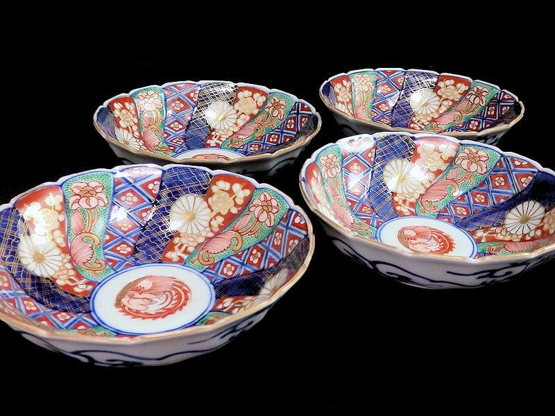 大聖寺伊万里　金襴手　奇玉宝鼎之珍　捻り菊皿　小膾皿４客　C856 AS-CEq