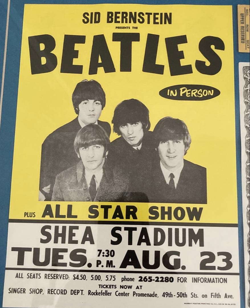 ビートルズ　シェアスタジアムコンサート未使用チケット、証明書、ポスター