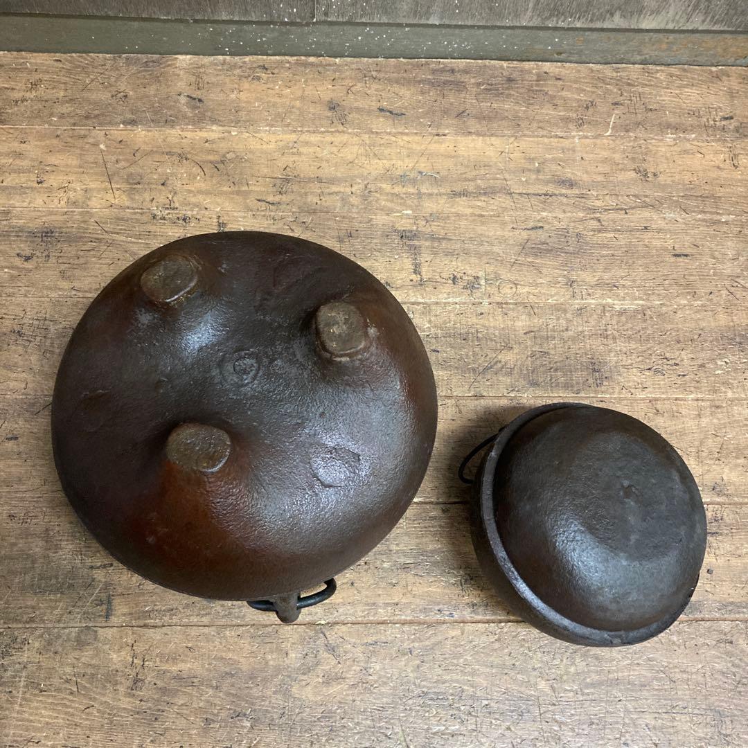 E4 古鉄 鉄瓶 風炉釜 鉄釜 茶道具 囲炉裏 火鉢 古民具 炭火 骨董 骨董品