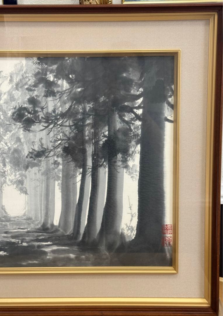 日本画 風景画 森の小径 額装付き 69×62cm 共箱