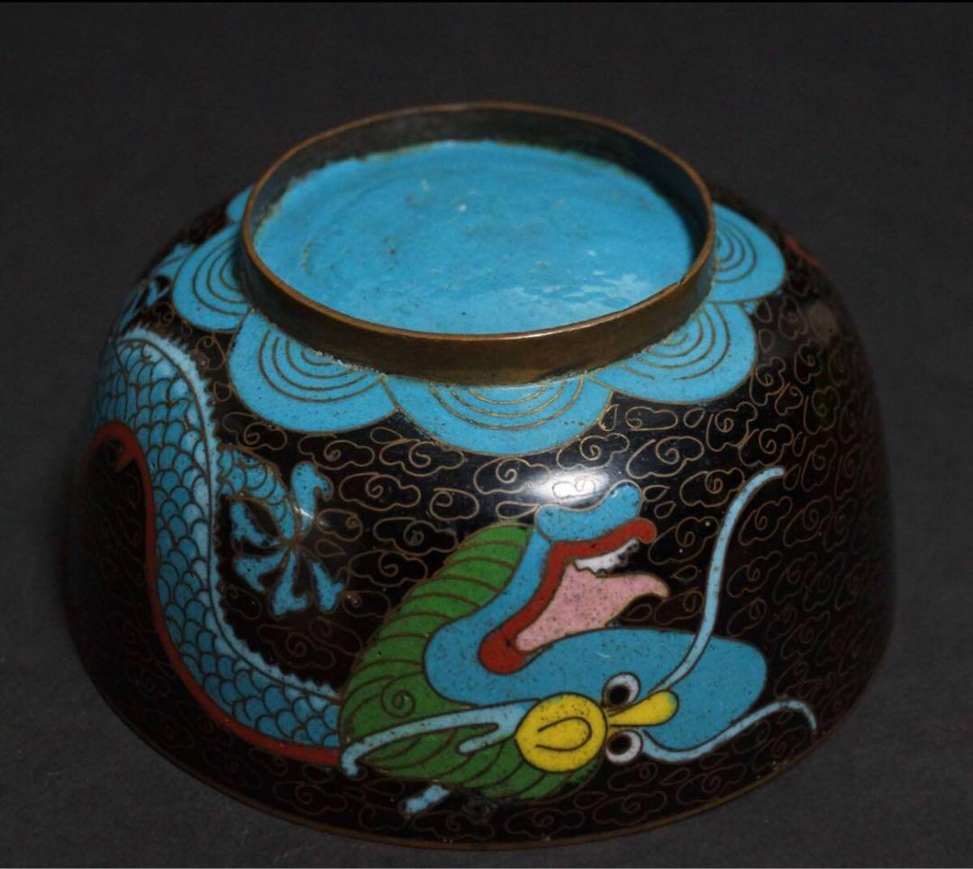 明治期 銅製 七宝焼 金彩色絵『龍戯珠文』茶碗 抹茶碗 茶道具☆時代物☆