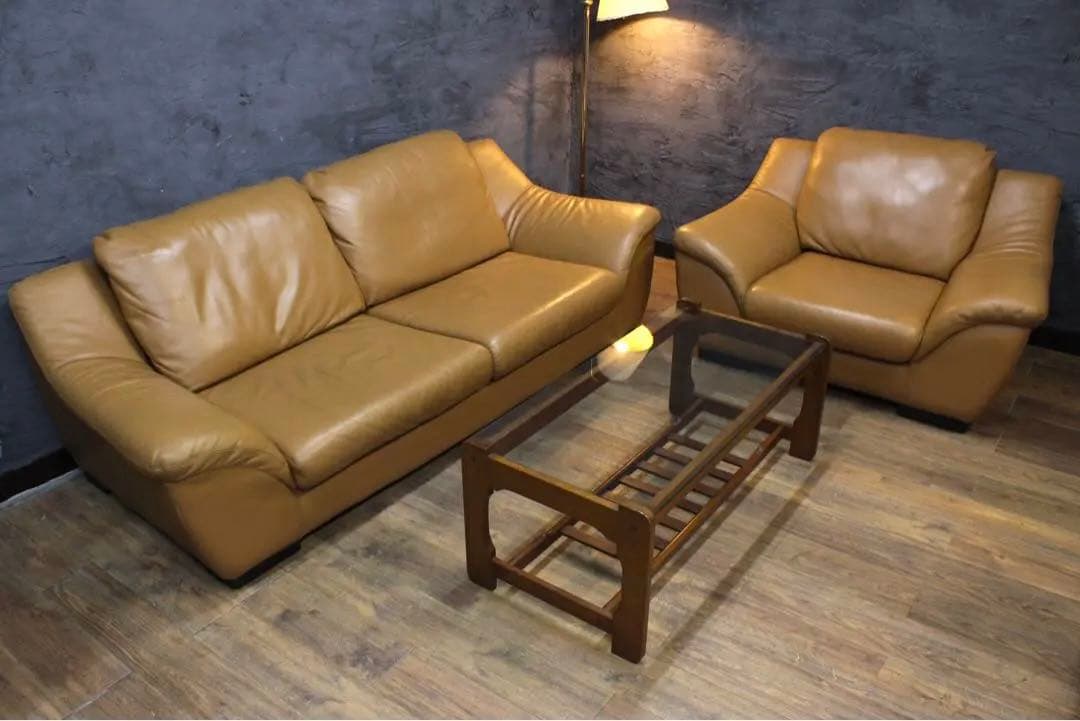 首都圏送無料〜 本革　キャメル　3人掛け　1人掛け　ソファ テーブル　セット割