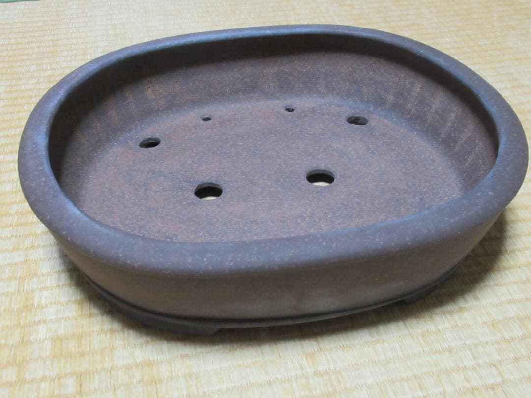 未使用’75年◆備前焼窯元『陶峰造』(木村陶峰) 楕円 中浅 切足 内縁 盆栽鉢