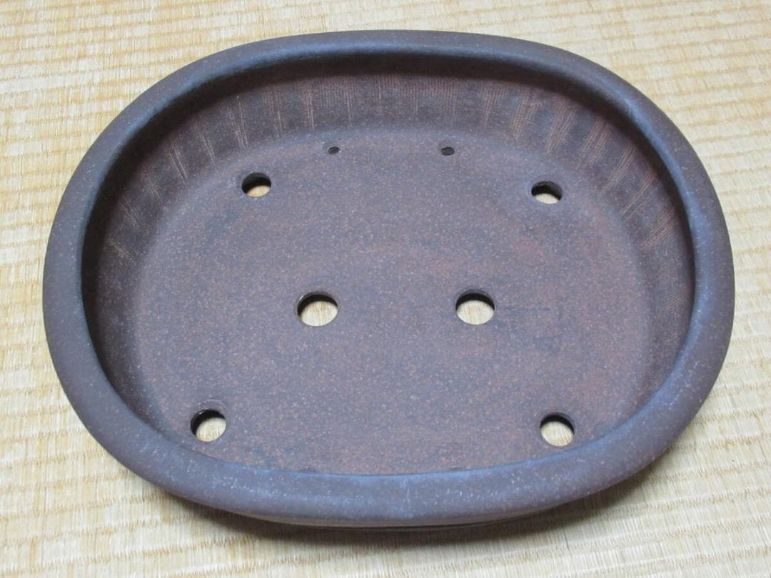 未使用’75年◆備前焼窯元『陶峰造』(木村陶峰) 楕円 中浅 切足 内縁 盆栽鉢