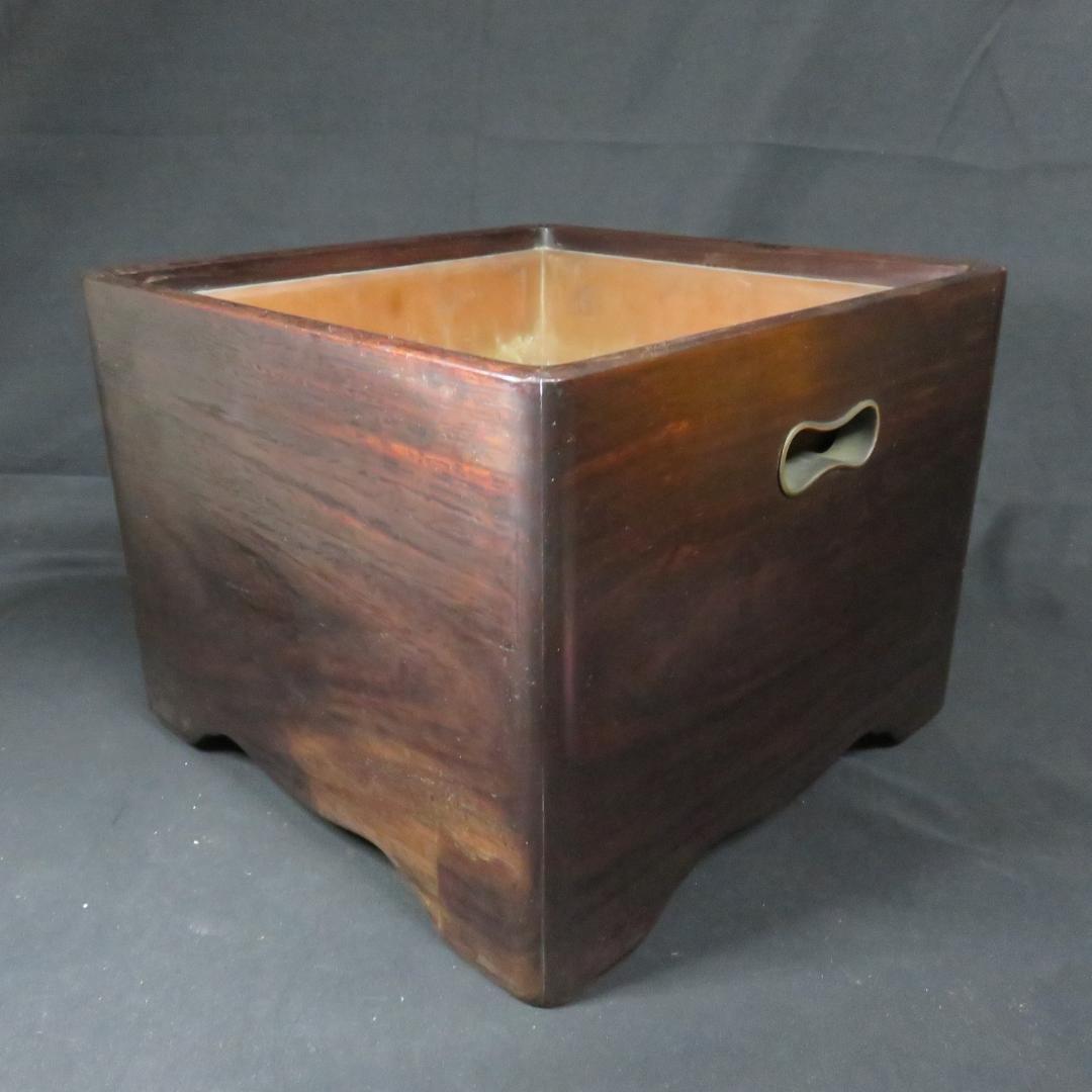 角火鉢 紫檀製 木製 瓢箪取っ手 内銅 囲炉裏 手あぶり B