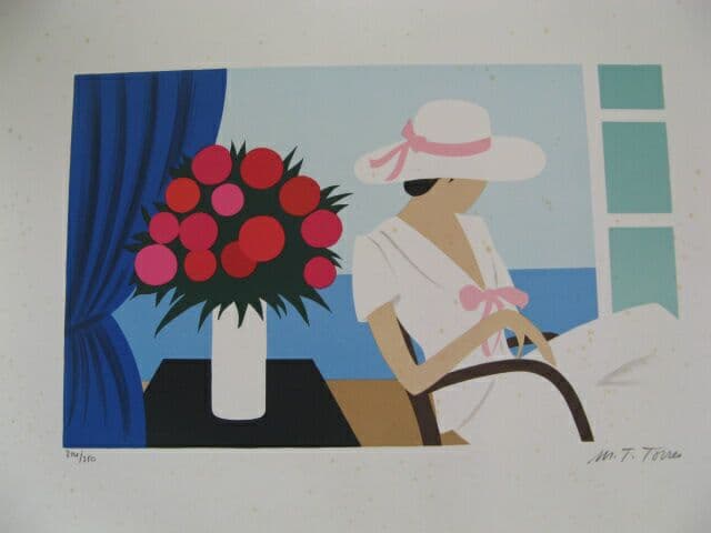 絵画　リトグラフ　窓辺の女性
