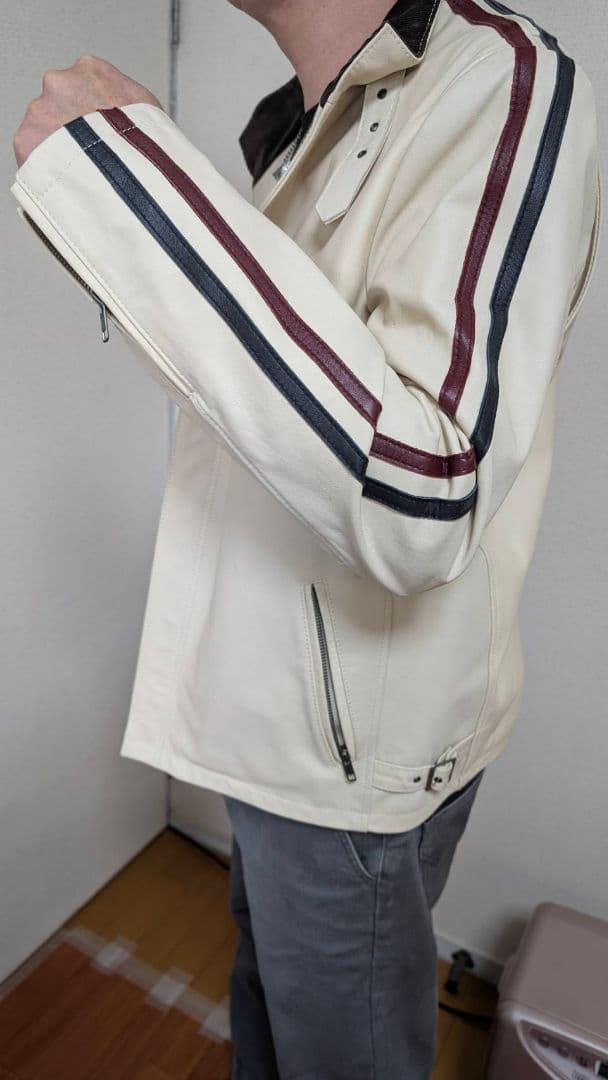 アイボリー ストライプ シングルライダースジャケット