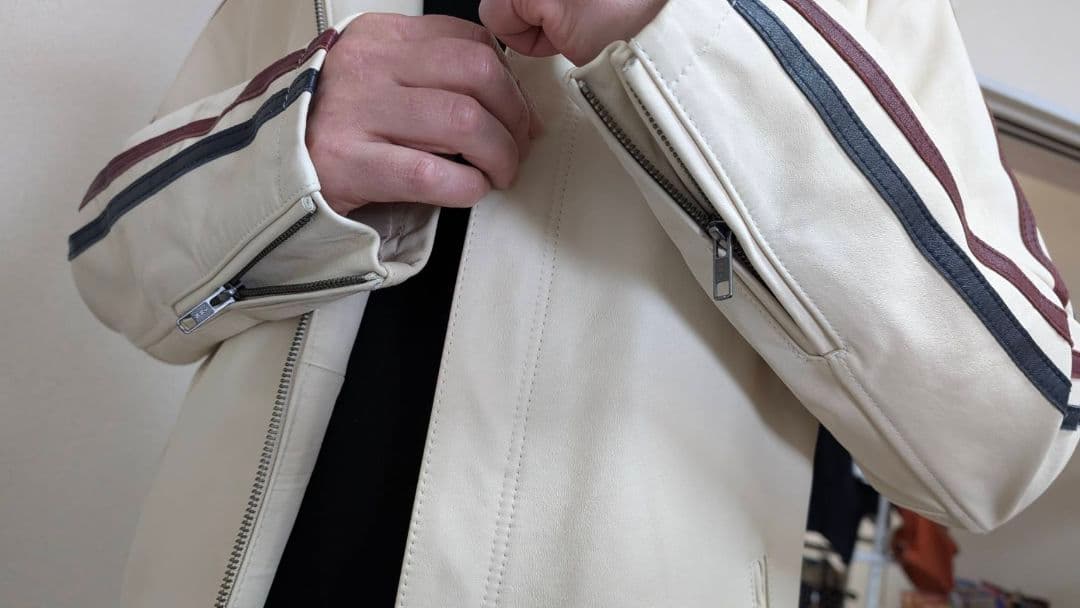 アイボリー ストライプ シングルライダースジャケット