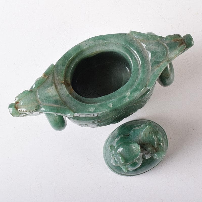 中国　玉石翡翠彫刻　雙耳活環　獅子鈕蓋爐　香炉　V　R8792