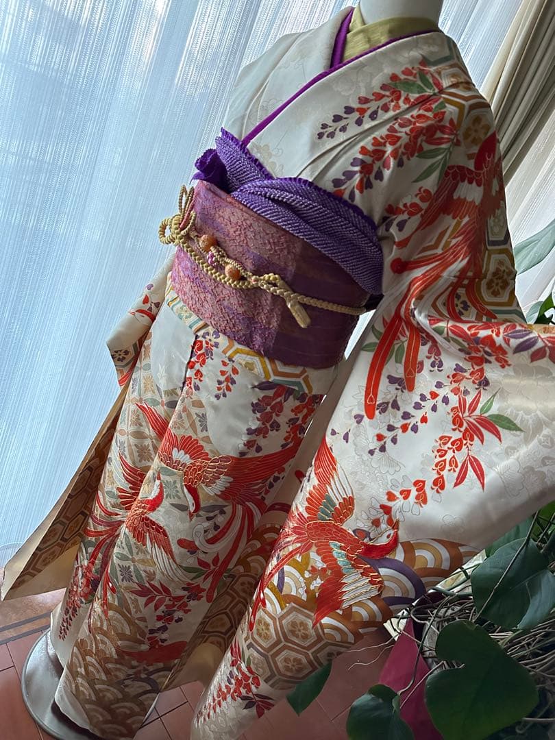 excite 振袖&袴フルセット クリームホワイト アイボリー 鳳凰 金駒