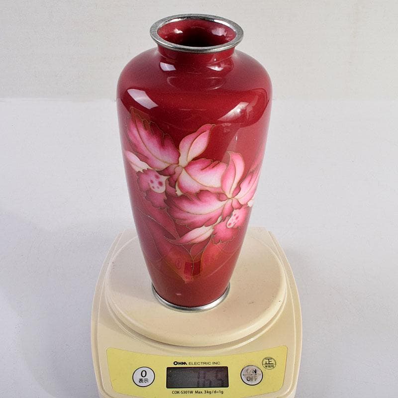 七宝焼　田村七宝工芸　カトレア文　花瓶　共箱　V　R9421