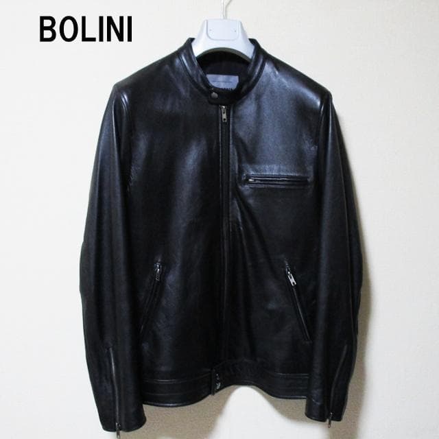 シンゲン　BORINI高級ラムレザーシングルライダースジャケット/黒/48