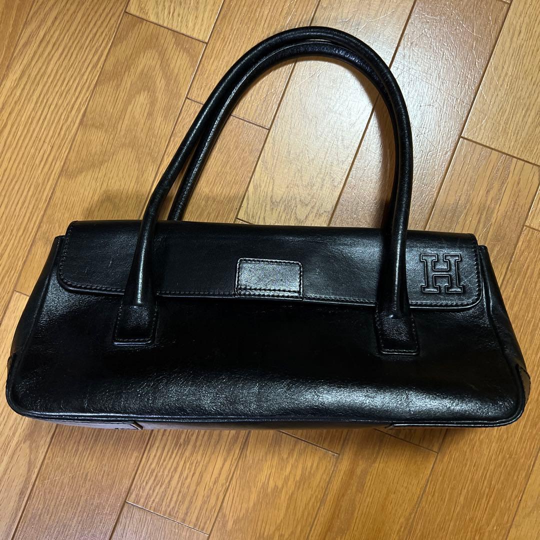 黒レザー Hロゴ ハンドバッグ HIROFU