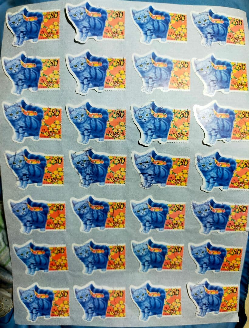 確認用！1999年グリーティング切手猫使用済28枚台紙張畳んで郵送