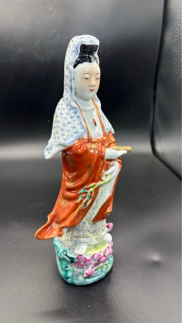 004 中国美術 色絵陶人形 高さ25cm 置物 オブジェ 古董品 觀音像