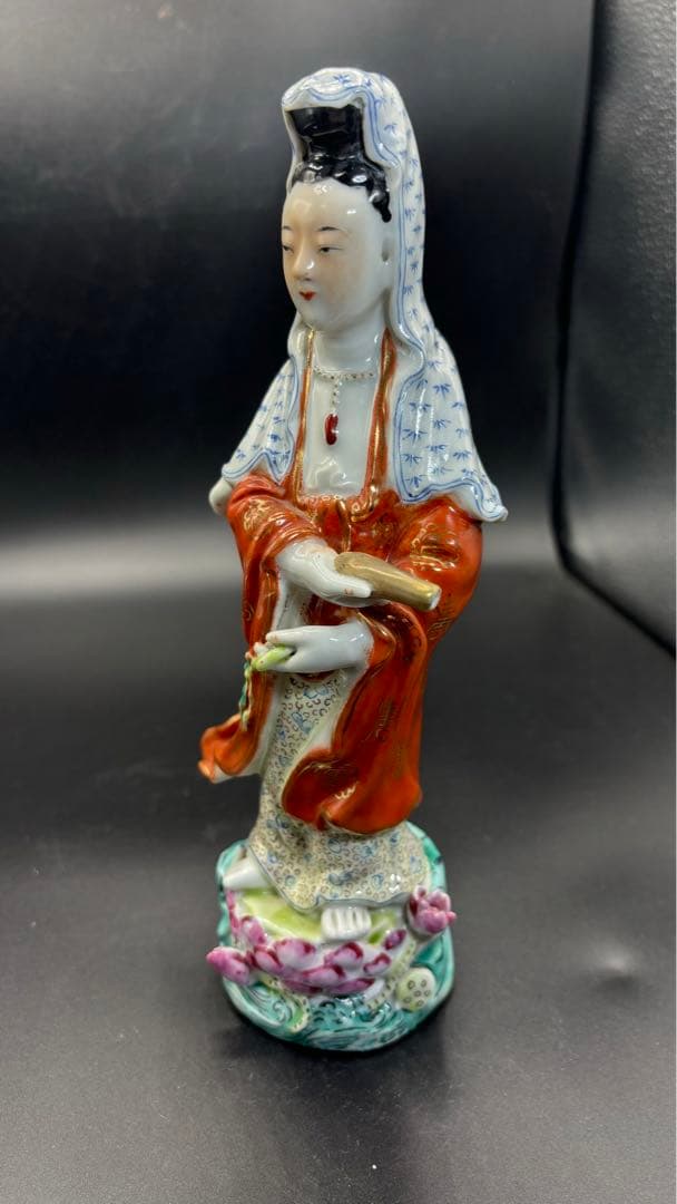 004 中国美術 色絵陶人形 高さ25cm 置物 オブジェ 古董品 觀音像