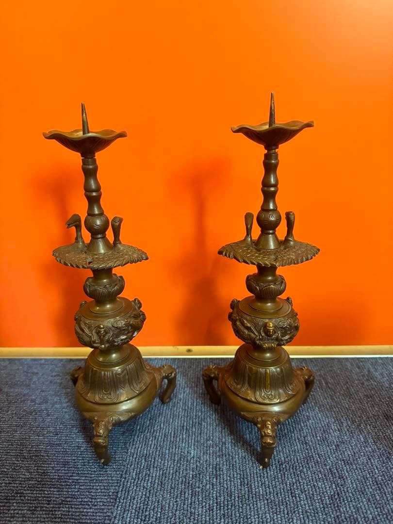 1904  春甫造　古銅　仏具 木瓜菖蒲型五具足　火立2客　花立2客　香炉1客