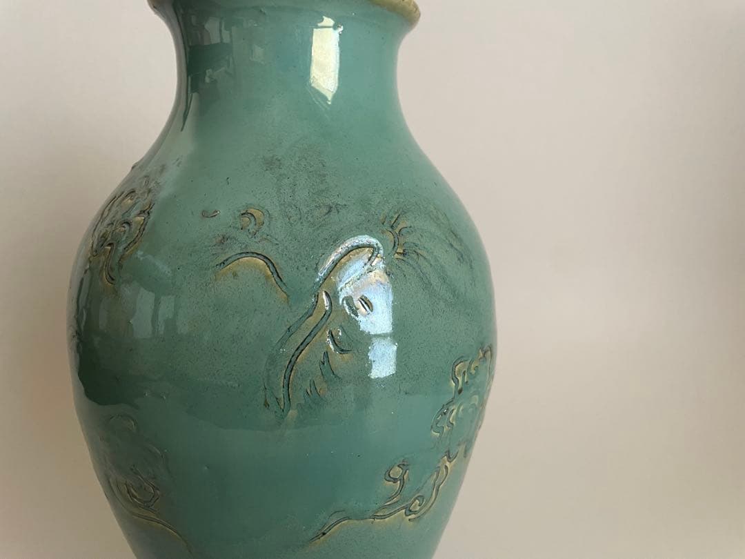 20世紀 琉球古典焼 緑釉龍雲文壺 壺屋焼 オーグスヤー 骨董古美術 民藝 花器