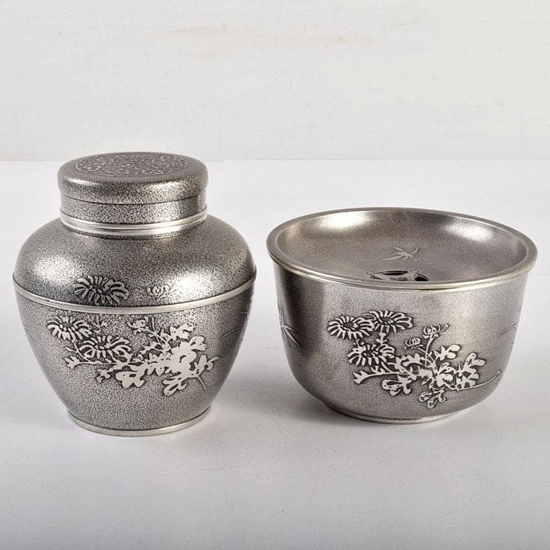 煎茶道具　錫製　間村自造　四君子文　茶壷　茶こぼし　2点まとめて　M　R4941