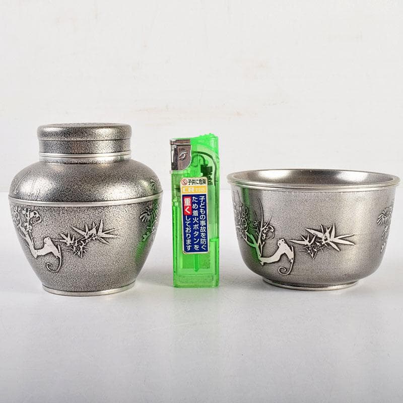 煎茶道具　錫製　間村自造　四君子文　茶壷　茶こぼし　2点まとめて　M　R4941