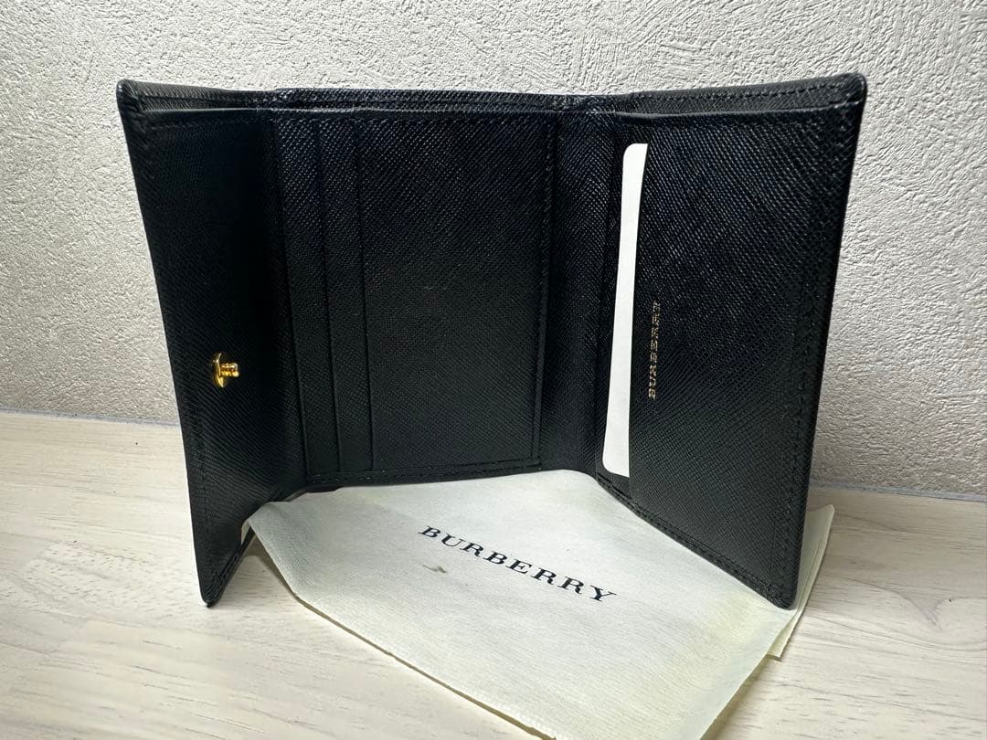 【美品】BURBERRY レザー 三つ折り財布 ノバチェック プレート ブラック