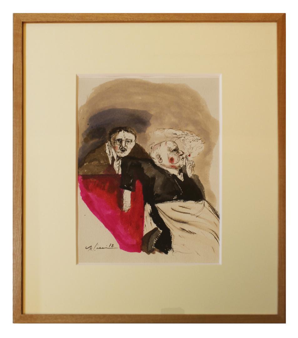 筧本生 水彩とインク『カフェのギャルソン2人』 かけいもとなり 1978年