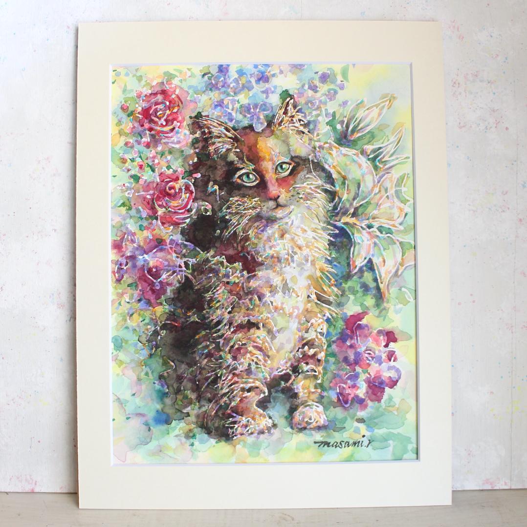 猫の絵 水彩画 原画 額付き「花の香り」F4