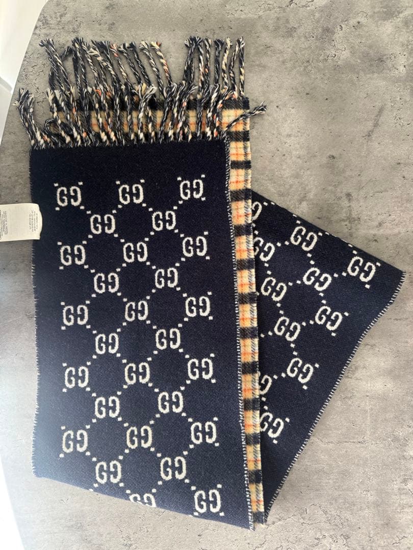 GUCCI チェック柄マフラー ネイビー