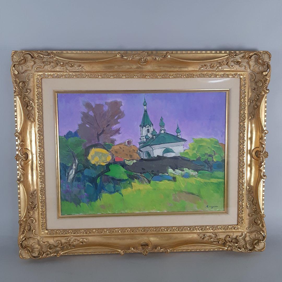 No4605 額装　菅野矢一「教会の春」油彩画　直筆サイン　箱付　絵画　送料無料