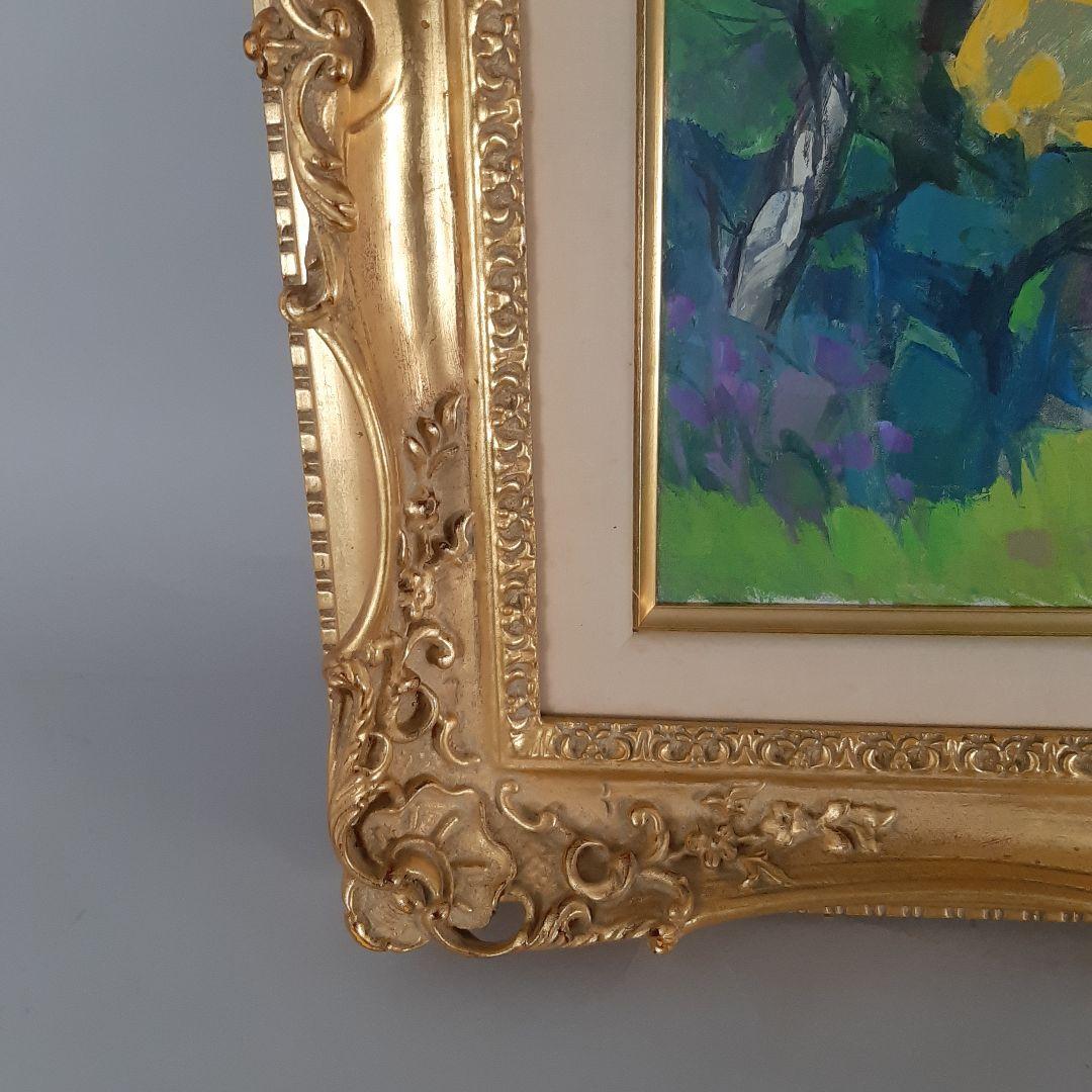 No4605 額装　菅野矢一「教会の春」油彩画　直筆サイン　箱付　絵画　送料無料