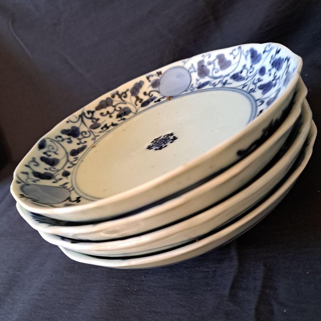 「花唐草と丸文絵皿(直径17.5cm） モダンデザイン！」染付皿4客セット 骨董