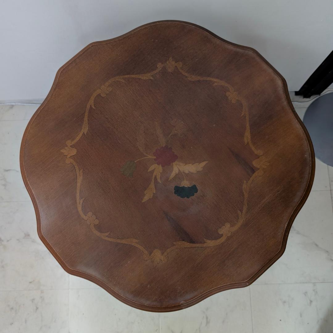 イタリア製 猫脚 ウッド サイドテーブル 象嵌細工 ビーチ 無垢材 ビンテージ