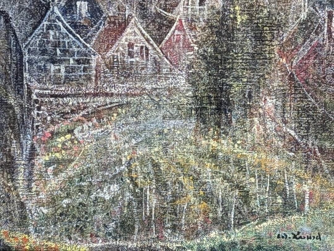 【真作】絵画　油彩6号　小さな菜園　静謐な風景画　詩情漂う山間の家並み　Y76