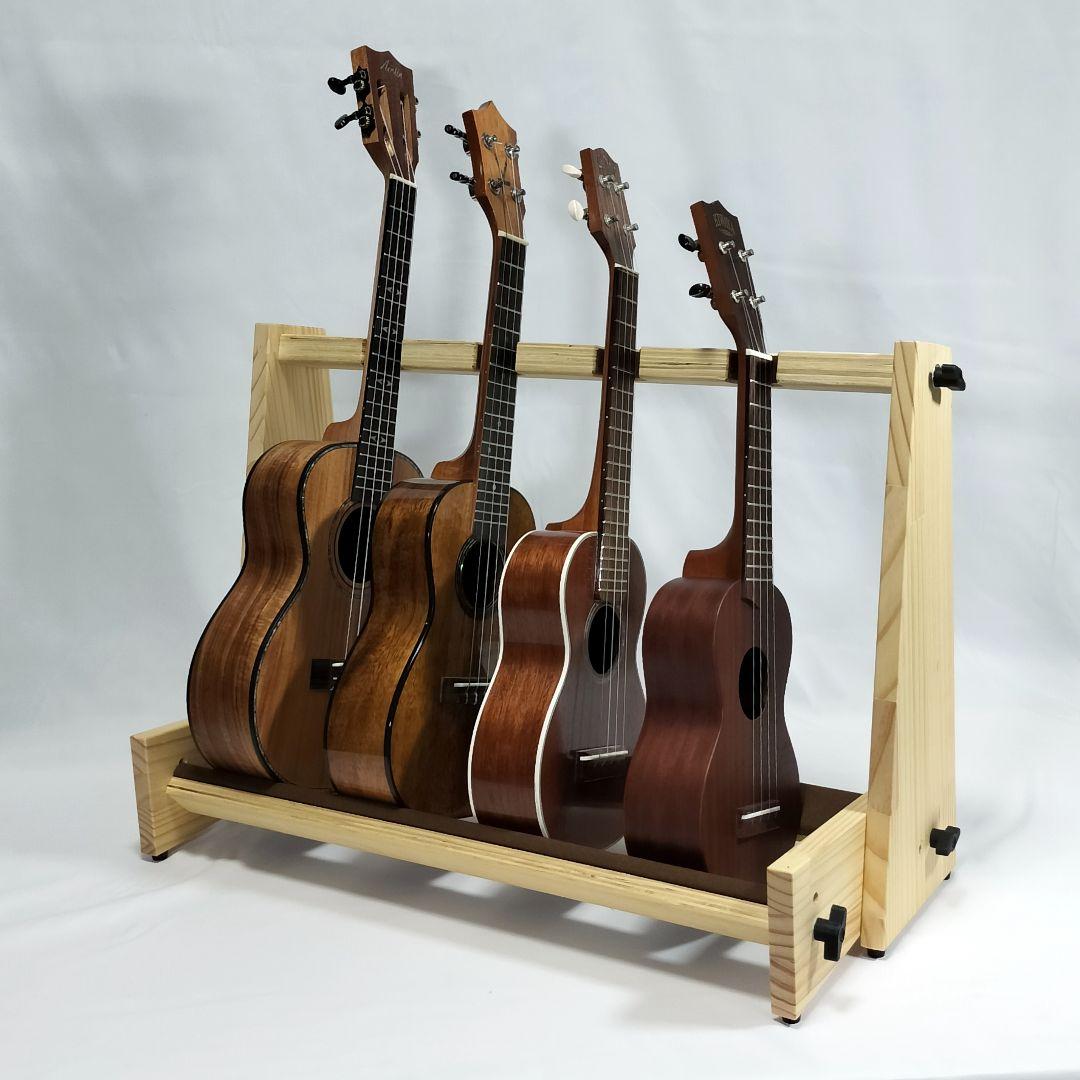 ハンドメイド　木製スタンド　三線　ウクレレ 兼用タイプ　 ナチュラルカラー4本用