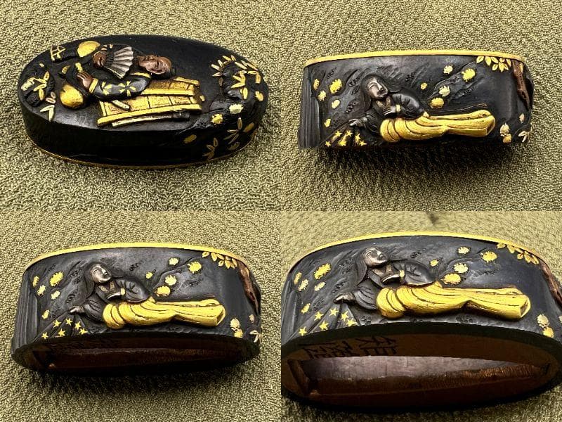 【海】江戸後期屈指名工！浜野矩随！『矩随』在銘 赤銅人物高彫金銀象嵌 縁頭 超絶