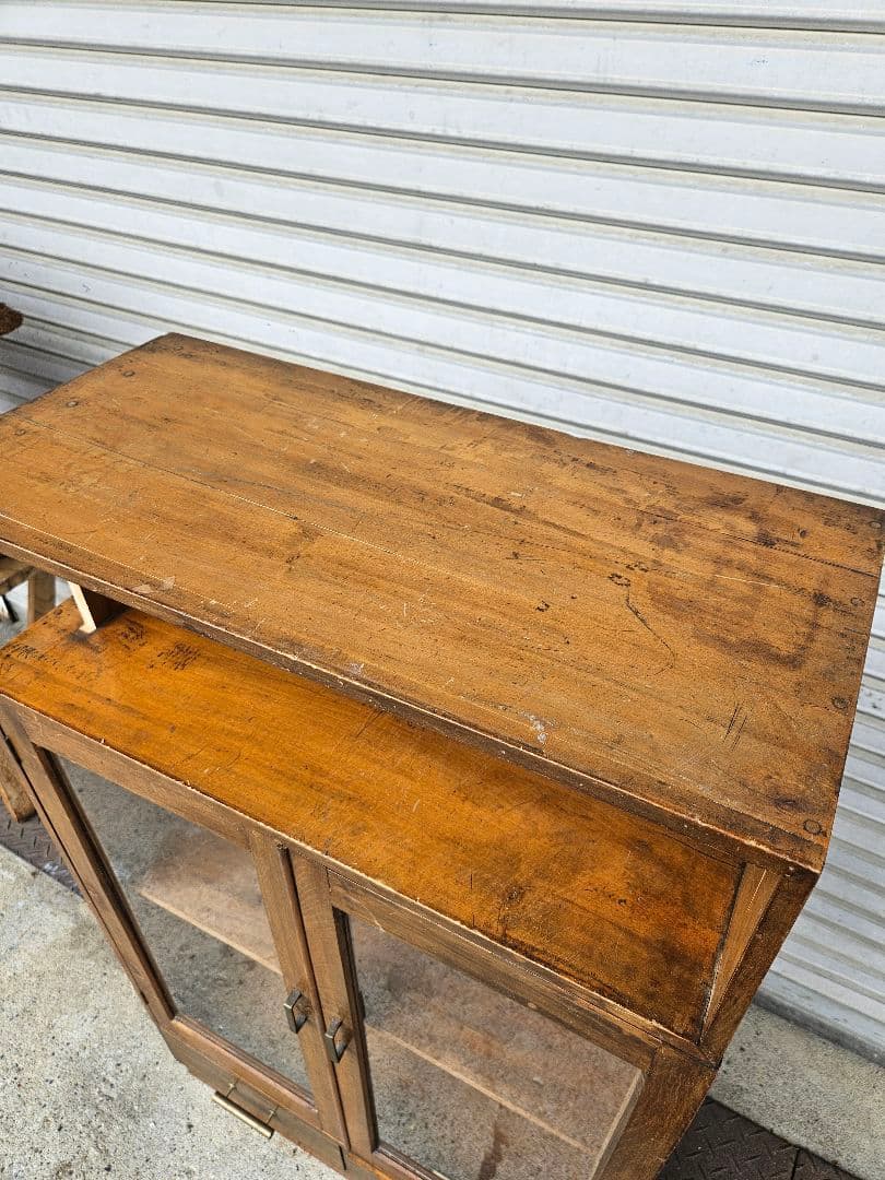 日本のアンティーク 古い木のガラスケース オープンラック 飾り棚 キャビネット