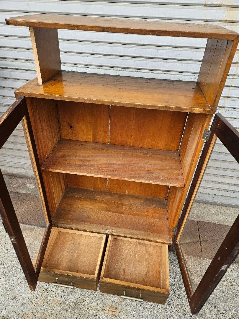 日本のアンティーク 古い木のガラスケース オープンラック 飾り棚 キャビネット