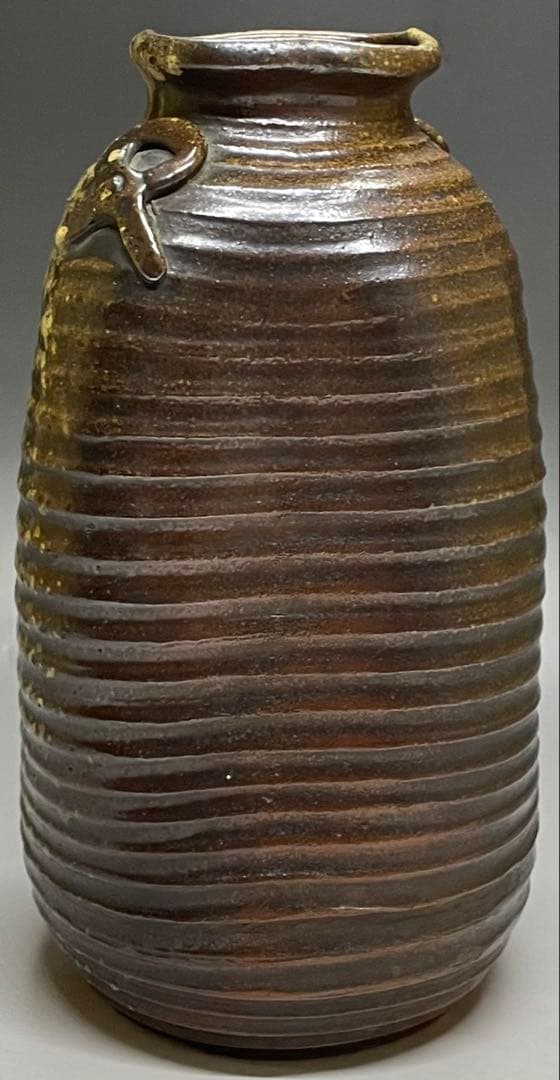 ヨシモ※プロフ必読※古備前　桂又三郎織　結文耳轆轤目ヘコミ花生　G532