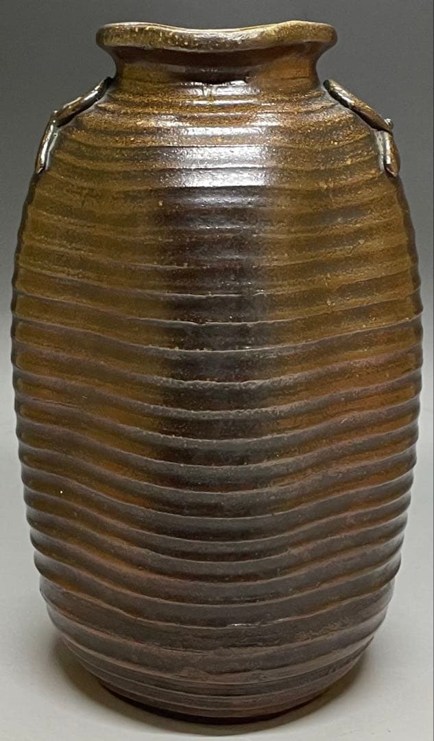 ヨシモ※プロフ必読※古備前　桂又三郎織　結文耳轆轤目ヘコミ花生　G532